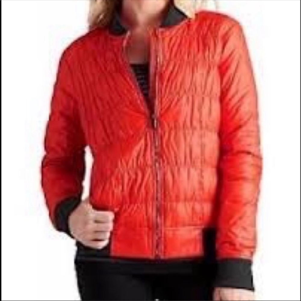 Athleta Quilted Utility Puffer Jacket Red Black Bomber Style Insulated Coat Sz S